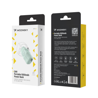 Wozinsky WF16-YCS 5000mAh 15W USB-C Mini Power Bank with Built-in USB-C Cable and Apple Watch Charger - Green