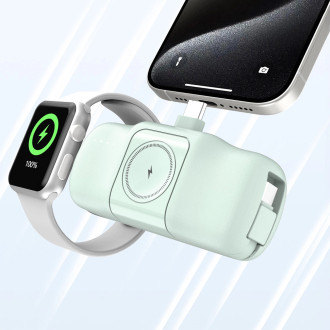 Wozinsky WF16-YCS 5000mAh 15W USB-C Mini Power Bank with Built-in USB-C Cable and Apple Watch Charger - Green