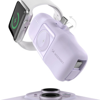 Wozinsky WF16-YCS 5000mAh 15W USB-C Mini Power Bank with Built-in USB-C Cable and Apple Watch Charger - Purple