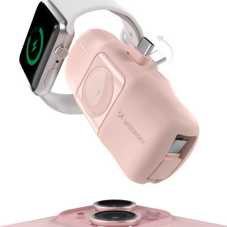 Wozinsky WF16-YCS 5000mAh 15W USB-C Mini Power Bank with Built-in USB-C Cable and Apple Watch Charger - Pink