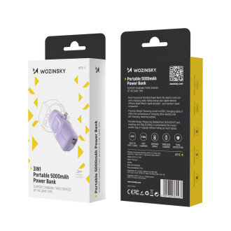 Wozinsky WF16-YLS 5000mAh 15W Lightning Mini Power Bank with Built-in USB-C Cable and Apple Watch Charger - Purple