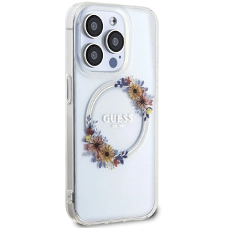Etui Guess IML Flowers Wreatch MagSafe na iPhone 15 Pro Max - przezroczyste