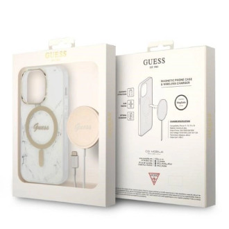 Guess Marble MagSafe Case + Charger Set for iPhone 14 Pro Max 6.7&quot; - White