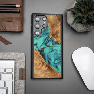 Wood and Resin Case for Samsung Galaxy S23 Ultra Bewood Unique Turquoise - Turquoise Black