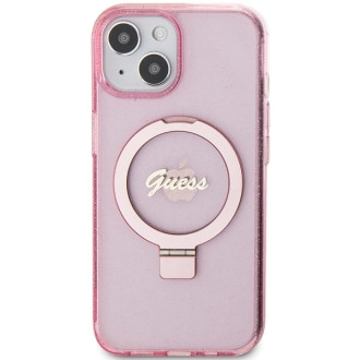 Guess Ring Stand Script Glitter MagSafe case for iPhone 15 Plus / 14 Plus - pink
