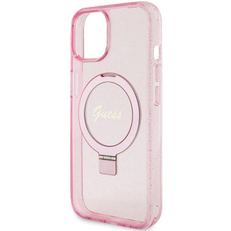 Guess Ring Stand Script Glitter MagSafe case for iPhone 15 Plus / 14 Plus - pink