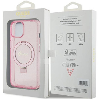 Guess Ring Stand Script Glitter MagSafe case for iPhone 15 Plus / 14 Plus - pink