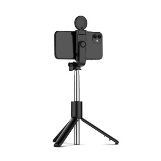 Selfie stick WH1YXS telescopic tripod 1m with round lamp and phone holder - black