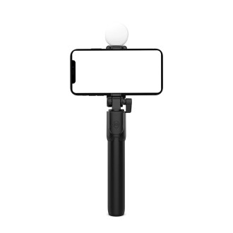 Selfie stick WH1YXS telescopic tripod 1m with round lamp and phone holder - black