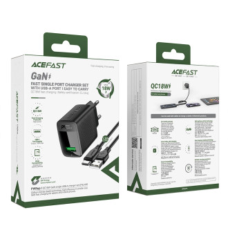 Acefast A90 GaN USB-A QC 18W network charger - black + USB-A / USB-C cable