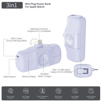 Wozinsky WF16-YLS 5000mAh 15W Lightning Mini Power Bank with Built-in USB-C Cable and Apple Watch Charger - Purple