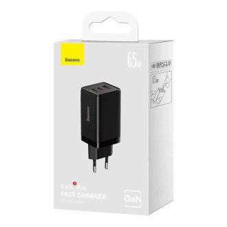 GaN 2xUSB C 1xUSB 65W rychlá nabíječka Baseus GaN5 Pro + USB C - USB C 100W kabel - černý