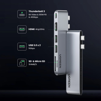HUB Ugreen CM380 2xUSB C - HDMI/2xUSB 3.0/SD TF/USB C PD - šedý