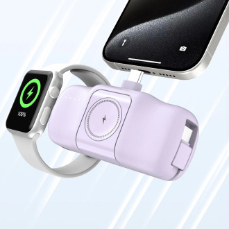 Wozinsky WF16-YCS 5000mAh 15W USB-C Mini Power Bank with Built-in USB-C Cable and Apple Watch Charger - Purple