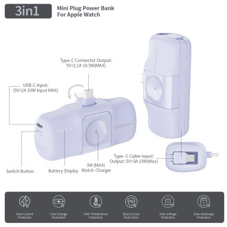 Wozinsky WF16-YCS 5000mAh 15W USB-C Mini Power Bank with Built-in USB-C Cable and Apple Watch Charger - Purple