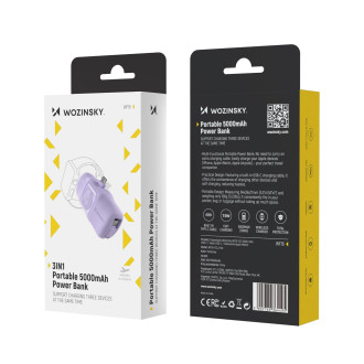 Wozinsky WF16-YCS 5000mAh 15W USB-C Mini Power Bank with Built-in USB-C Cable and Apple Watch Charger - Purple