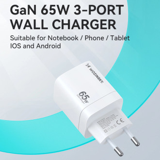 Wozinsky CGWCW 65W USB-A / 2 x USB-C GaN nástěnná nabíječka - bílá