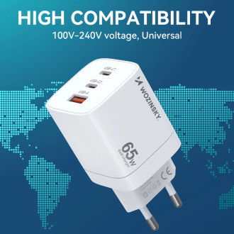 Wozinsky CGWCW 65W USB-A / 2 x USB-C GaN nástěnná nabíječka - bílá