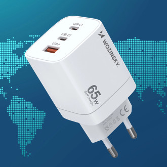 Wozinsky CGWCW 65W USB-A / 2 x USB-C GaN nástěnná nabíječka - bílá