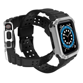 Protect Strap Band with Case for Apple Watch 9 / 8 / 7 / 6 / 5 / 4 / 3 / 2 / SE / SE2 (41 / 40 / 38mm) Case Armored Cover for Watch Black / Silver