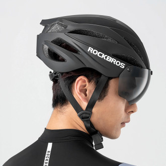 Rockbros Bike Helmet with Visor, Detachable UV Protective Goggles, Unisex - Black
