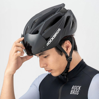 Rockbros Bike Helmet with Visor, Detachable UV Protective Goggles, Unisex - Black