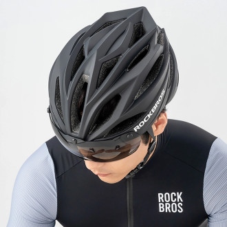 Rockbros Bike Helmet with Visor, Detachable UV Protective Goggles, Unisex - Black