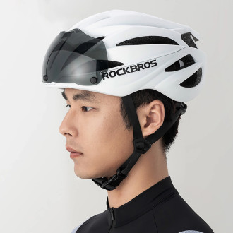 Rockbros Bike Helmet with Visor, Detachable UV Goggles, Unisex, Glossy - White