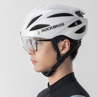 Rockbros Bike Helmet with Visor, Detachable UV Goggles, Unisex, Glossy - White