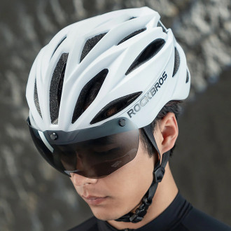 Rockbros Bike Helmet with Visor, Detachable UV Goggles, Unisex, Glossy - White