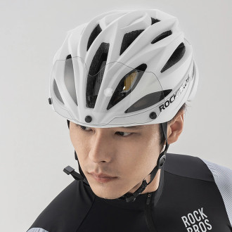 Rockbros Bike Helmet with Visor, Detachable UV Goggles, Unisex, Glossy - White