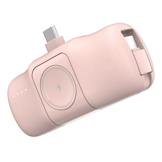 Wozinsky WF16-YCS 5000mAh 15W USB-C Mini Power Bank with Built-in USB-C Cable and Apple Watch Charger - Pink