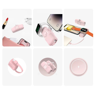 Wozinsky WF16-YCS 5000mAh 15W USB-C Mini Power Bank with Built-in USB-C Cable and Apple Watch Charger - Pink