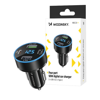 Wozinsky WDCCB Car Charger with Display 50W 2xUSB-C / 2xUSB-A - Black