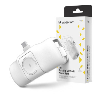 Wozinsky WF16-YCS 5000mAh 15W USB-C Mini Power Bank with Built-in USB-C Cable and Apple Watch Charger - White