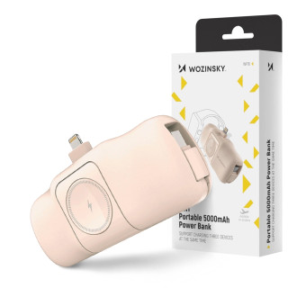Wozinsky WF16-YLS 5000mAh 15W Lightning Mini Power Bank with Built-in USB-C Cable and Apple Watch Charger - Beige
