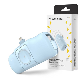 Wozinsky WF16-YLS 5000mAh 15W Lightning Mini Power Bank with Built-in USB-C Cable and Apple Watch Charger - Blue