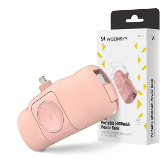 Wozinsky WF16-YLS 5000mAh 15W Lightning Mini Power Bank with Built-in USB-C Cable and Apple Watch Charger - Pink