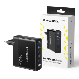 Wozinsky CGWCB 140W GaN nástěnná nabíječka 3 x USB-C / 2 x USB-A - černá