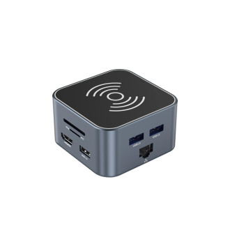 Hub USB-C 12 in 1 Wozinsky WHBC09Y8S multifunctional, with wireless charging function, aluminum, with 15 cm cable - gray
