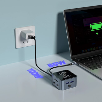 Hub USB-C 12 in 1 Wozinsky WHBC09Y8S multifunctional, with wireless charging function, aluminum, with 15 cm cable - gray