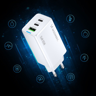 Wozinsky GaN 65W Charger with USB-A 2xUSB-C Ports with 65W USB-C Cable - White