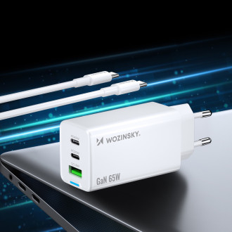 Wozinsky GaN 65W Charger with USB-A 2xUSB-C Ports with 65W USB-C Cable - White