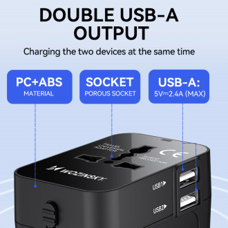 Wozinsky WUTWC Travel Adapter Universal 24W EU / US / AUS / UK / 2x USB-A - Black