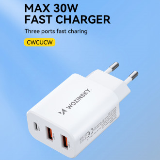 Wozinsky CWCUCW 30W USB-C / 2 x USB-A nástěnná nabíječka - bílá