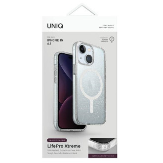 Uniq LifePro Xtreme Magclick Charging case for iPhone 15 - transparent and silver