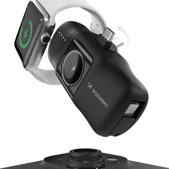 Wozinsky WF16-YCS 5000mAh 15W USB-C Mini Power Bank with Built-in USB-C Cable and Apple Watch Charger - Black