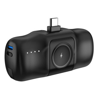 Wozinsky WF16-YCS 5000mAh 15W USB-C Mini Power Bank with Built-in USB-C Cable and Apple Watch Charger - Black