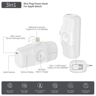 Wozinsky WF16-YLS 5000mAh 15W Lightning Mini Power Bank with Built-in USB-C Cable and Apple Watch Charger - White
