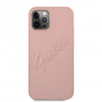 Guess PU Saffiano Vintage Script Zadní Kryt pro iPhone 12/12 Pro Rose Gold (GUHCP12MRSAVSRG)